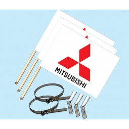 "Mitsubishi Logo" - Complete 3-Flag Package - Includes 3 Flags on Wooden Poles and a 3-Flag Pole Bracket