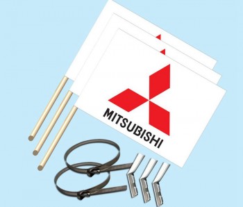 "Mitsubishi Logo" - Complete 3-Flag Package - Includes 3 Flags on Wooden Poles and a 3-Flag Pole Bracket